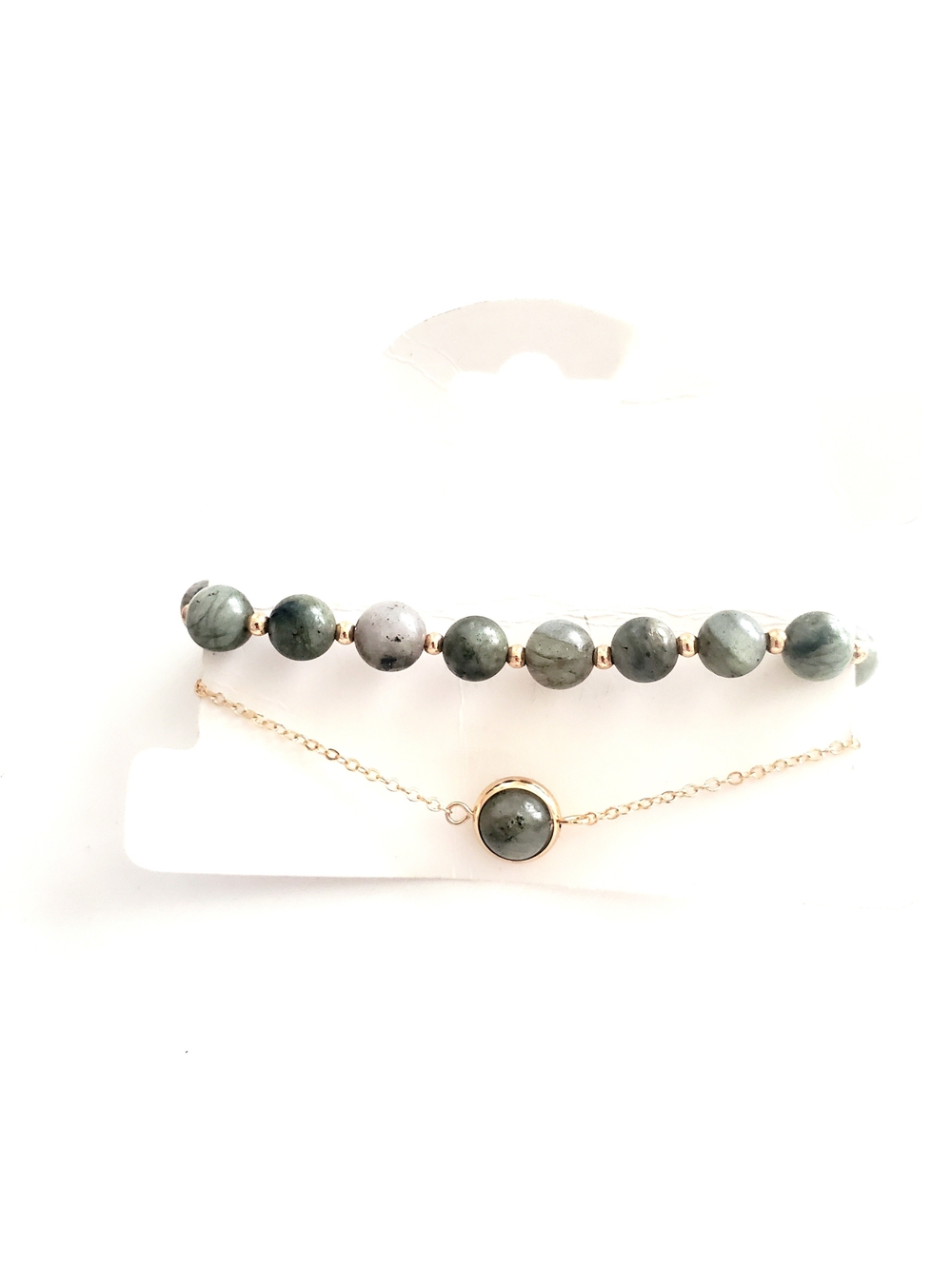 Gold-Accented Green Stone Beaded Bracelet & Chain Set